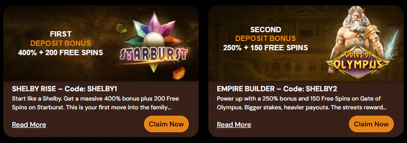 ShelbyWin Casino first and second deposit bonuses offering 400% with 200 free spins on Starburst and 250% with 150 free spins on Gates of Olympus