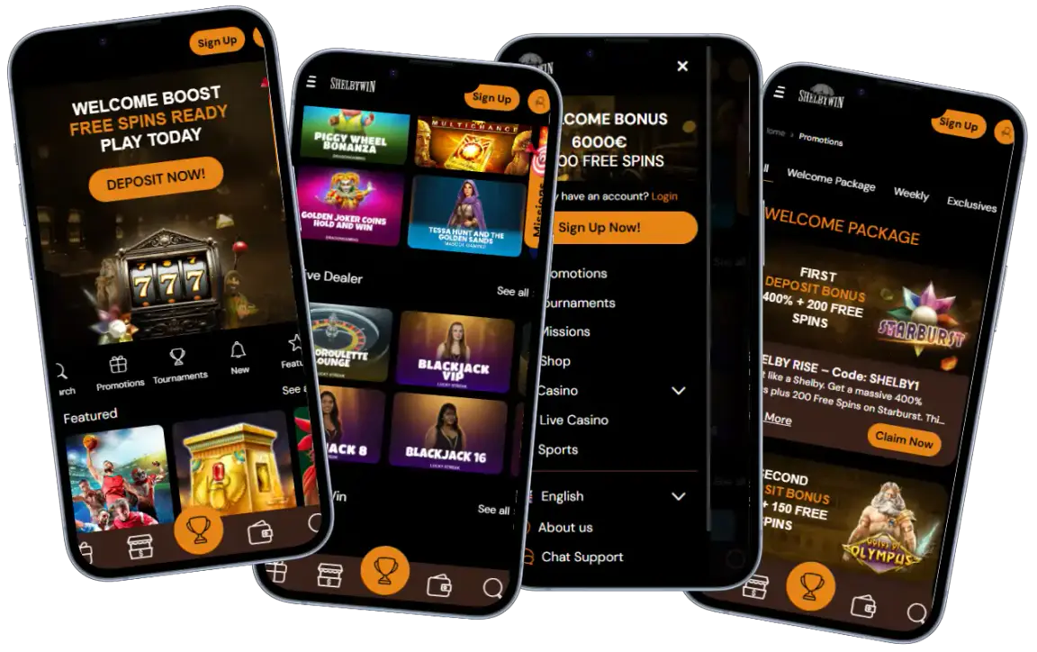 ShelbyWin Casino mobile version showing slot games, live dealer tables, welcome bonuses, promotions and navigation menus